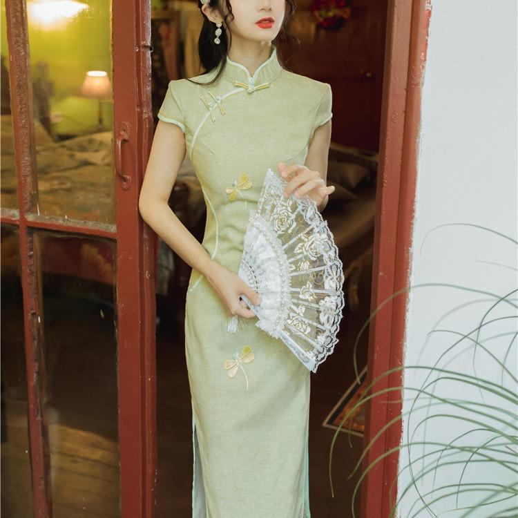 Women Cottagecore Dress Republic of China Style Girl Cheongsam Young Slim Fit Slimming Retro Waist Dress Mid-Length