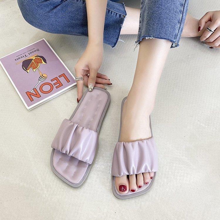 Women Open Toe Sandals Flats Summer Candy-Colored Pleated Simple Fashion Outerwear Sandals