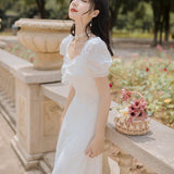 Women Retro Cottagecore Vintage Dress Retro Square Collar High Waist Slimming White Corset Mid-Length Dress Summer