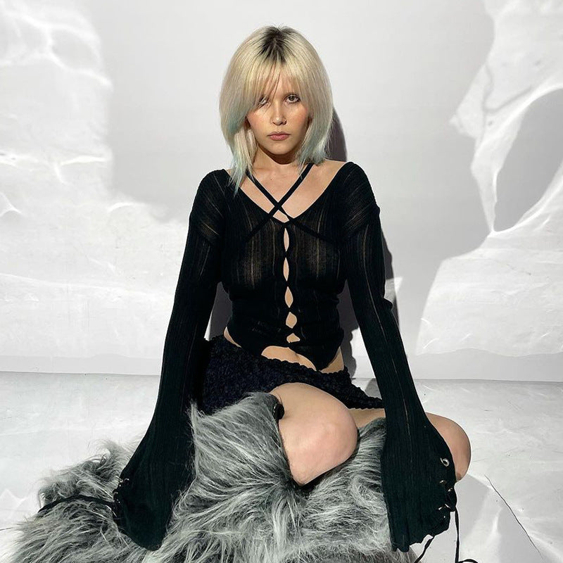 Women Rave Outfits Tops Mesh Long Sleeve Women's Hollow out See-through Flared Hot Girl Top