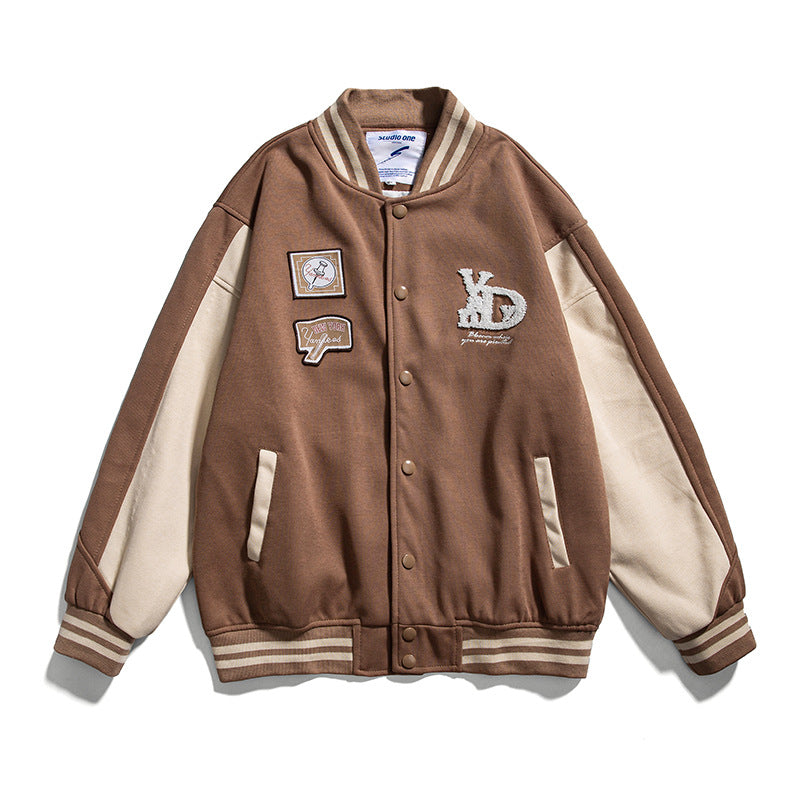 Brown Varsity Jacket Autumn Baseball Shirt Embroidered Jacket Men's Neutral Loose Baseball Uniform Student