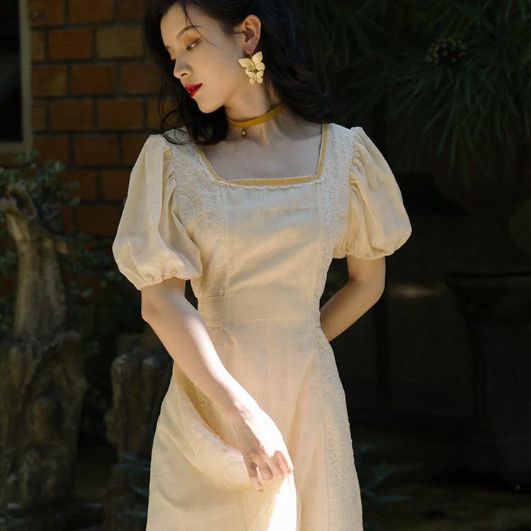 Women Retro Cottagecore Vintage Dress Square Collar Dres Summer Square Collar Light Yellow Dress Puff Sleeve Dress