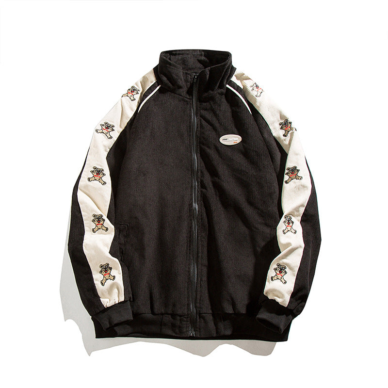 Vintage Letterman Jacket Corduroy Stand Collar Men's Loose Couple Stitching Sports Jacket Men