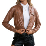 Cute Leather Jacket Casual Long Sleeve Solid Color Pu Motorcycle Leather Jacket Coat Top