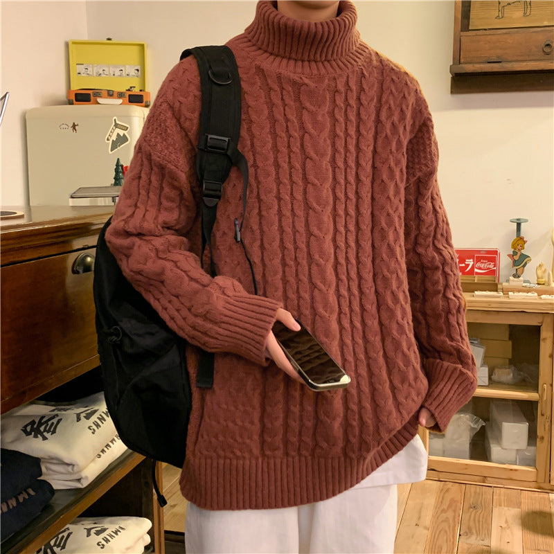Men Turtleneck Sweater Men's Coffee Color Autumn and Winter Loose Sweater Coat