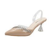 Nude Block Heels Closed Toe Sandals Transparent Rhinestone Women's Shoes
