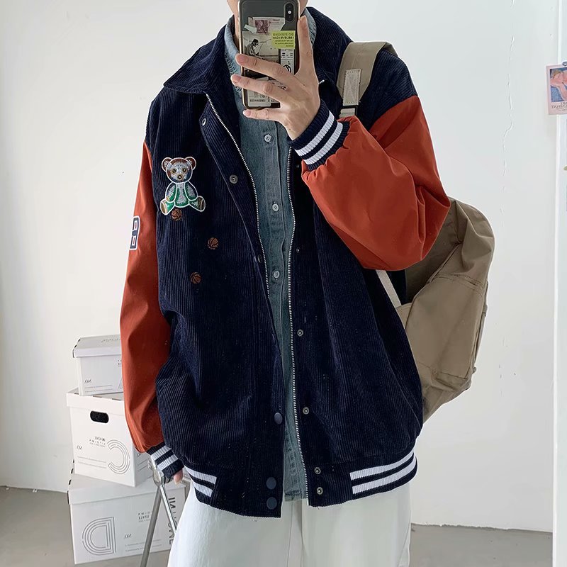 Corduroy Varsity Jacket Corduroy Bear Embroidery Couple Jacket Men's Spring and Autumn Loose Baseball Uniform