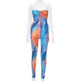 Summer Wrapped Chest Tie-Dyed Printed Hollow Lace-up Hip-Lifting Jumpsuit