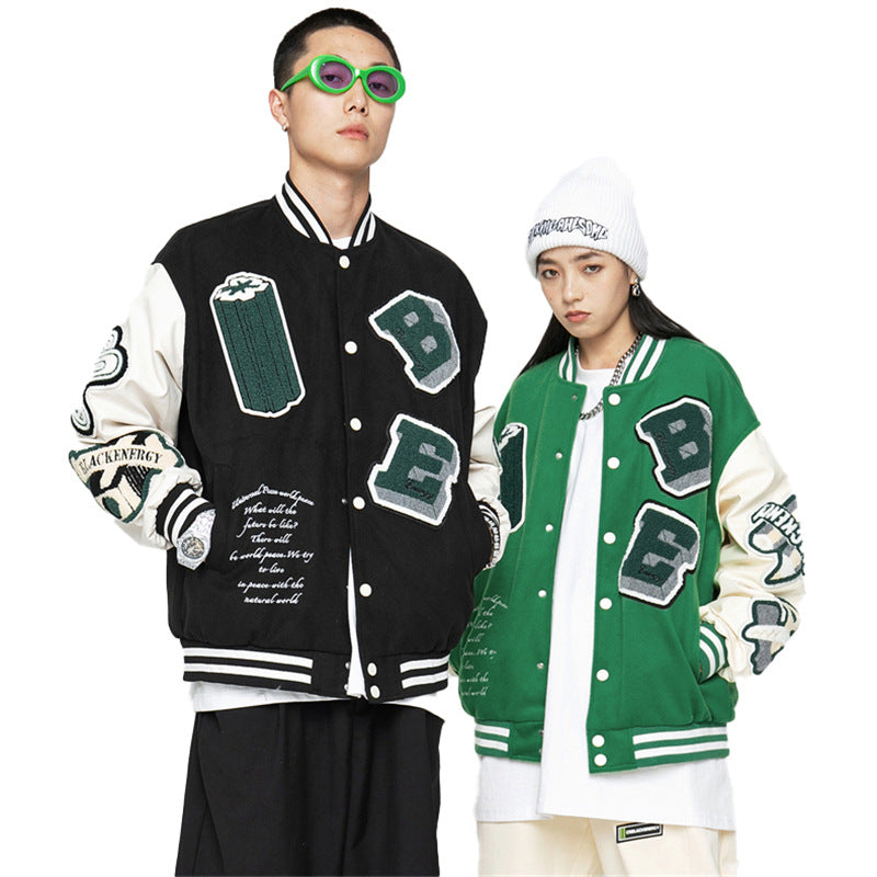 Green Varsity Jacket Autumn Embroidery Craft Casual Loose Baseball Sports Jacket Jacket