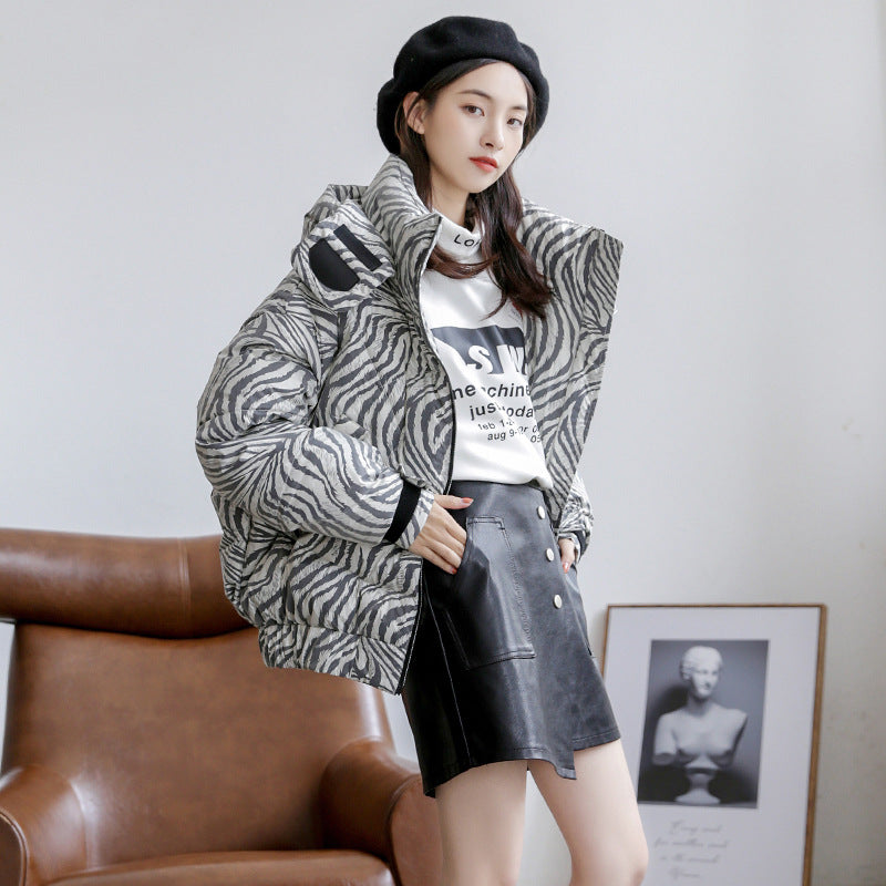 Women Winter Coats Puffer Jacket Down Coat Down Jacket Female Winter Zebra Stripes Hooded Work Uniform Style Thicken