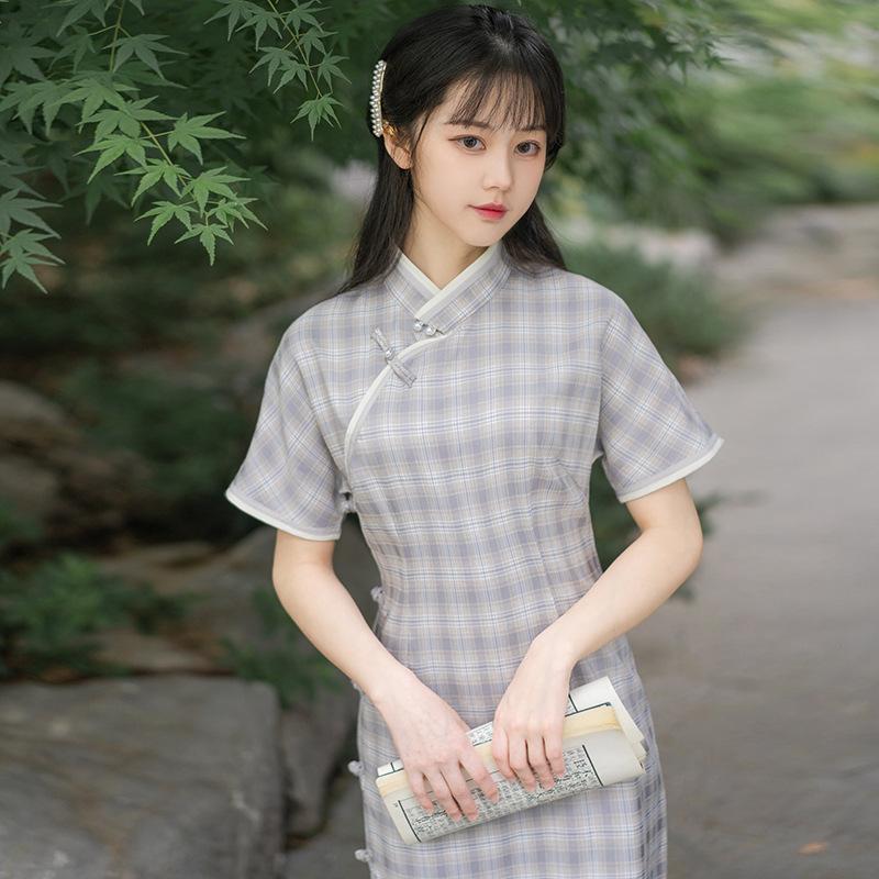 Women Cottagecore Dress Summer Vintage Artistic Plaid Teenage Leisure Cheongsam