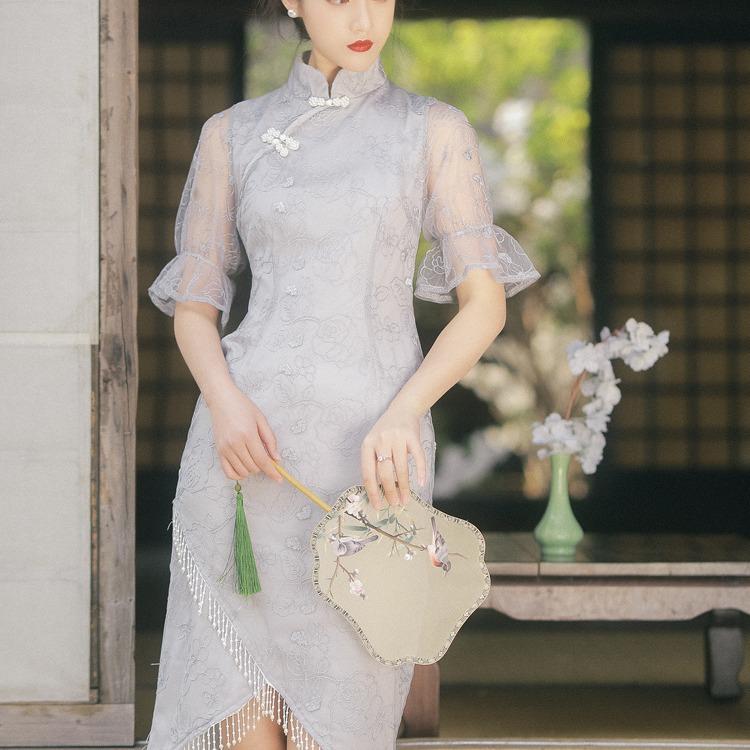 Women Retro Cottagecore Vintage Dress Retro Short Sleeve Half Turtleneck Cheongsam Embroidered Corset Slim Dress