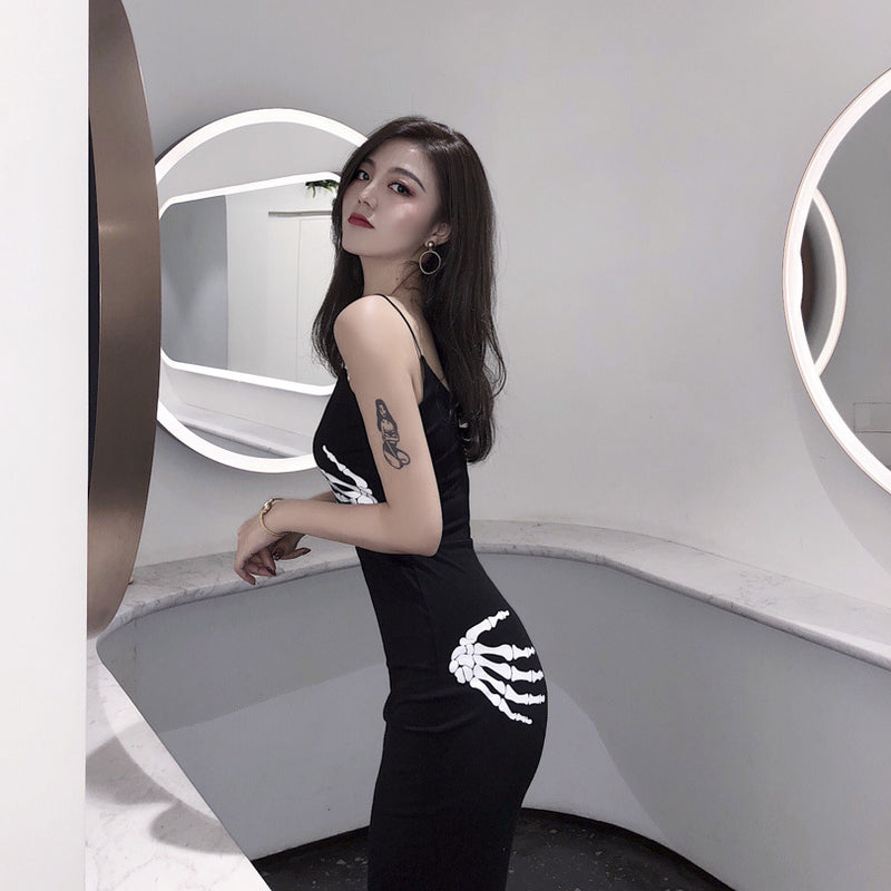 Skull Dress Summer Low-Cut V-neck Sexy Slimming Sheath Skull Hand Dress