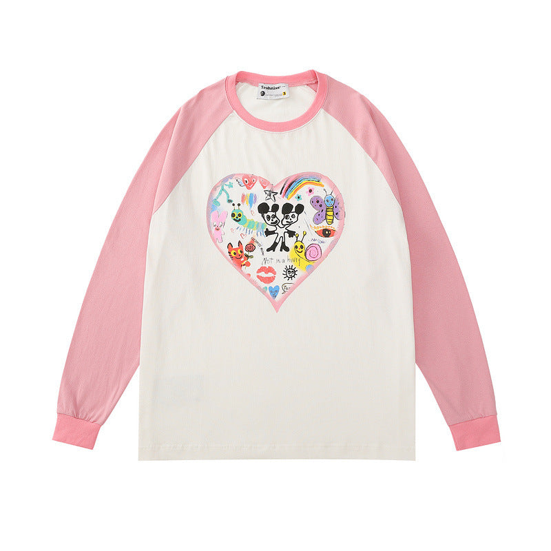 Mens Fall Outfits Long Sleeve T-shirt Autumn and Winter Loose Love Cartoon Inner Wear Blouse