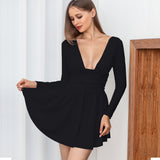 Cocktail Attire For Women Autumn And Winter Long Sleeve Sexy Deep V Slim-Fit Pleated Dress