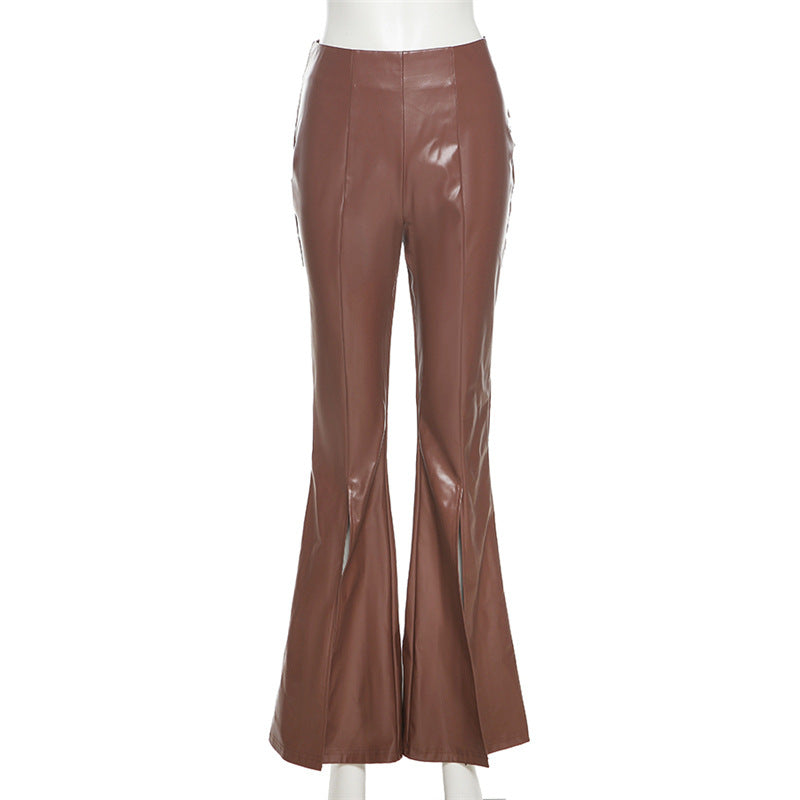 Brown Leather Pants Women's High Elastic PU Leather Pants Leggings Women's Pants