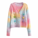 Women Fall Fall Tie-Dyed Colorful Small Flower Decorative Cardigan Hollow out V-neck Breasted Top