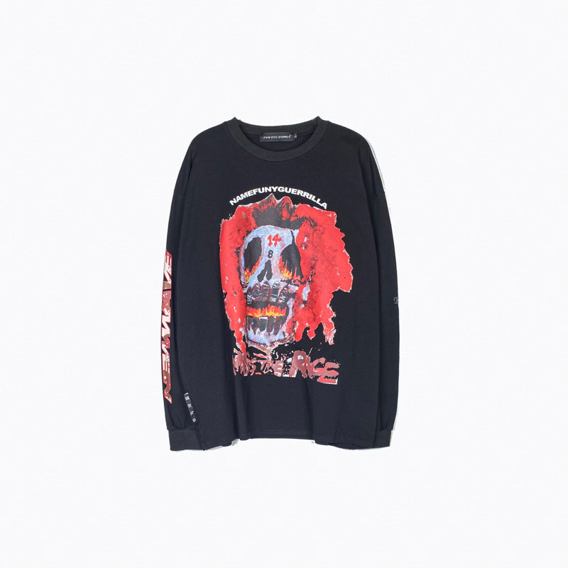 Mens Fall Outfits Skull Graffiti Printing Couple T-shirt Men and Women Oversize Long Sleeve