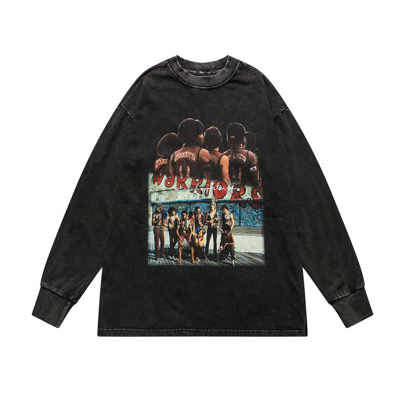 Mens Fall Outfits Retro Loose Printed Long-Sleeved T-shirt Men's and Women's Distressed Sports Sweater