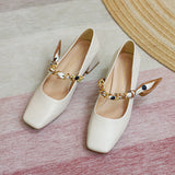 Nude Block Heels Closed Toe Female Spring Shoes Sheep Pattern Metal Chain