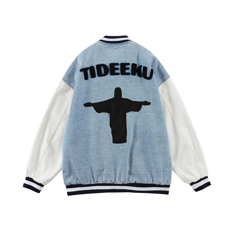 Baby Blue Varsity Jacket Hip Hop Retro Baseball Uniform Men's Loose Thorn
