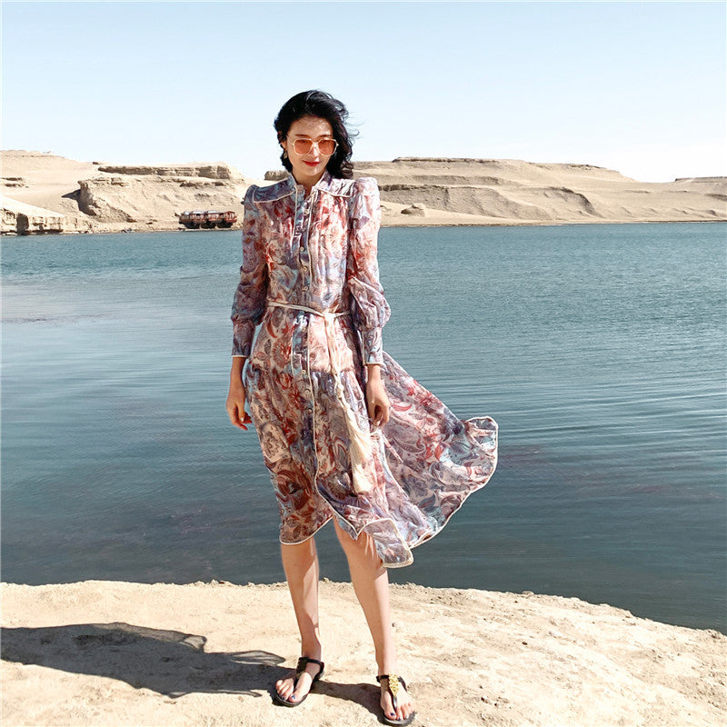 Emery Rose Dresses Vintage Court Style Printed Waist-Controlled Long Dress Chiffon Floral Dress