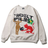 Adult Films Kanye West Hoodie Vintage Graffiti Puff Print round Neck Fleece-Lined Sweater Fog