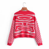 Women Fall Fall Animal Pattern Stitching Plaid Knitted Cardigan V-neck Short Top