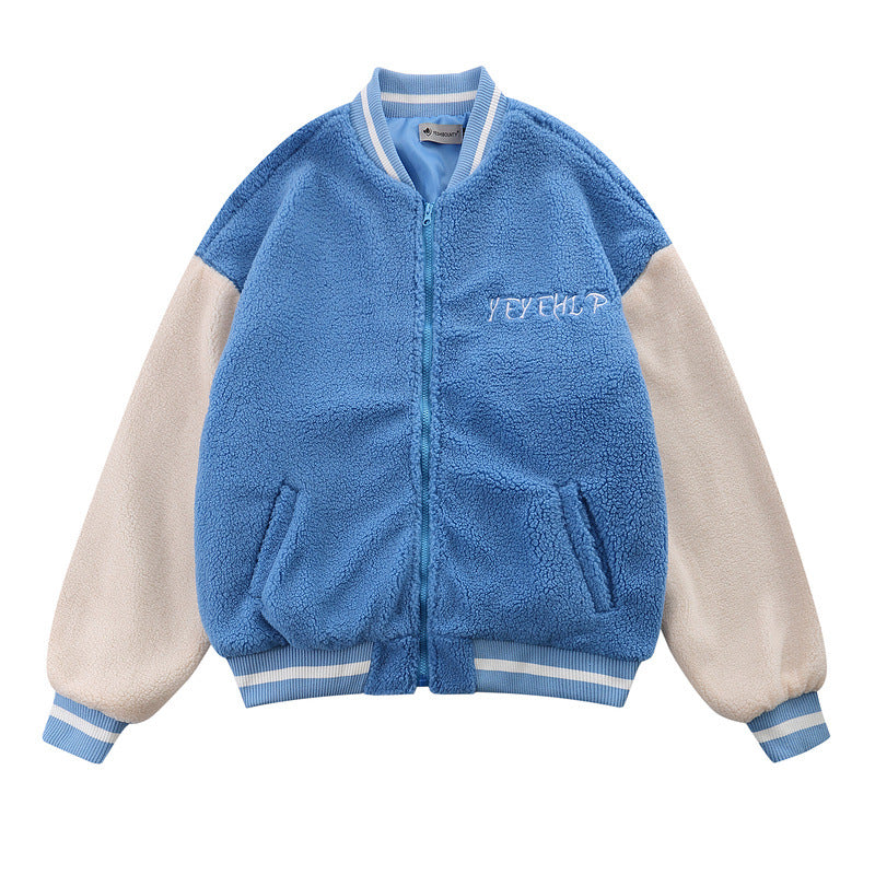Mens Fall Outfits Vintage Embroidery Lambswool Baseball Uniform Jacket Loose Boyfriend Couple Casual Jacket