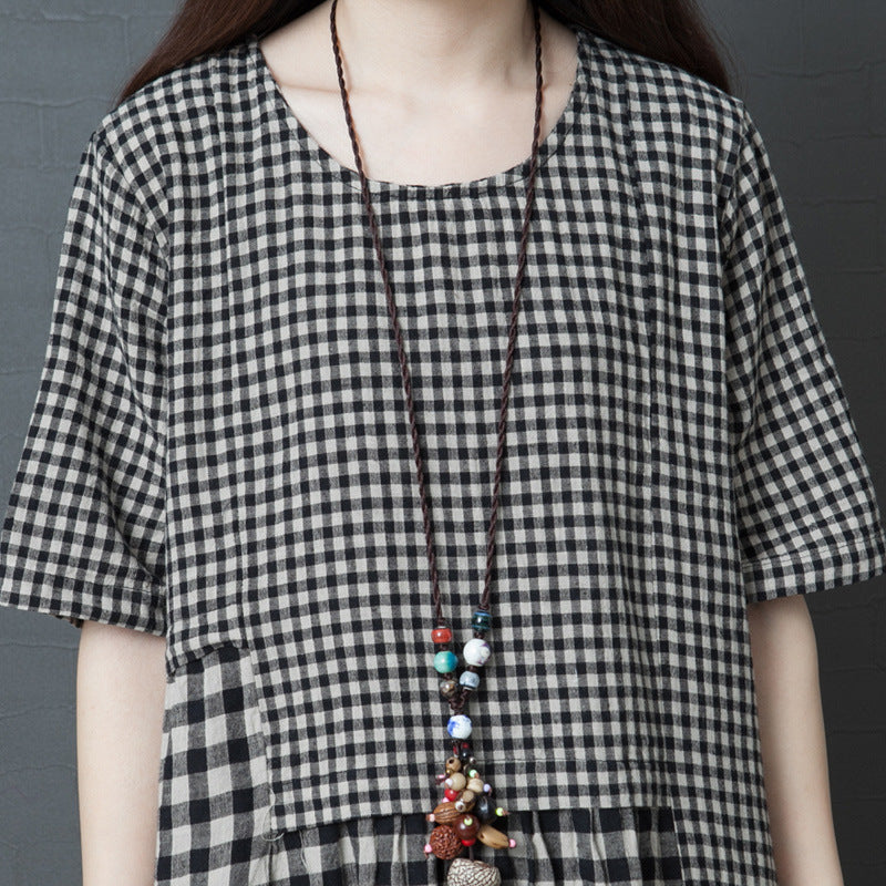 Gingham Dress Summer Artistic Loose Plaid Cotton and Linen Mid-Length round Neck Short Sleeve Dress