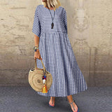 Gingham Dress Spring Plaid Summer Leisure Artistic Temperament Short Sleeve round Neck Swing Dress