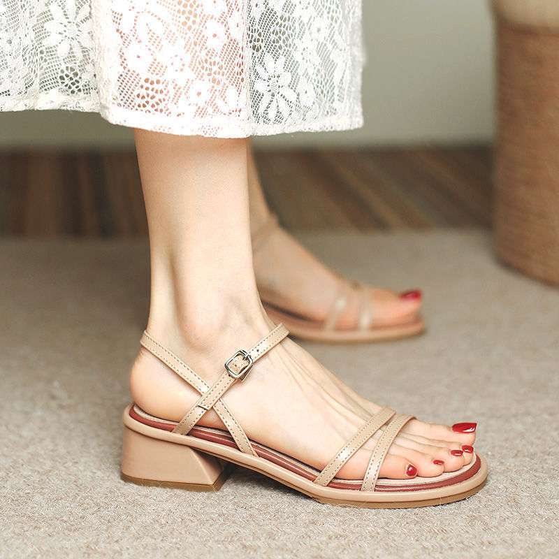 Nude Block Heel Peep Toe Sandals Roman Women's Shoes