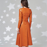 Burnt Orange Dress Autumn and Winter Leather Dress Simple round Neck Elegant Slim PU Leather Belt Dress for Women