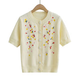 Women Fall Fall Crocheted Colorful Floret Retro Style Puff Sleeve Knitted Cardigan