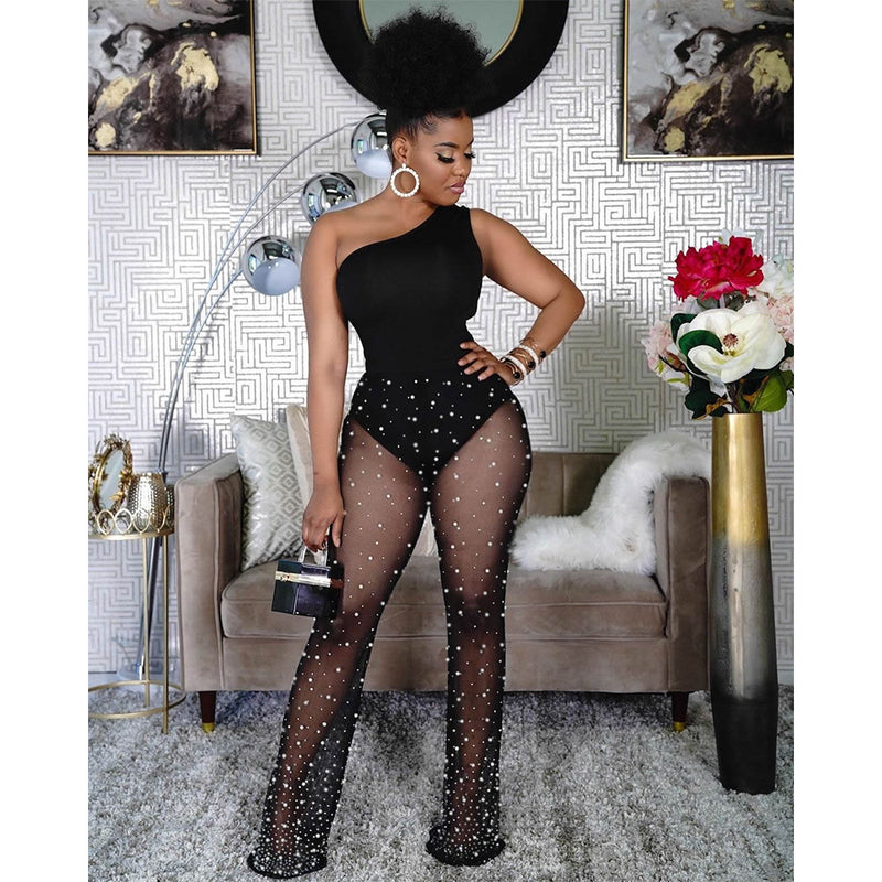 See through Pants Suit Women's Clothing Sexy Sheer Mesh White Dot Printed Milk Silk Black