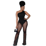 See through Pants Suit Women's Clothing Sexy Sheer Mesh White Dot Printed Milk Silk Black