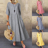 Gingham Dress Spring Plaid Summer Leisure Artistic Temperament Short Sleeve round Neck Swing Dress