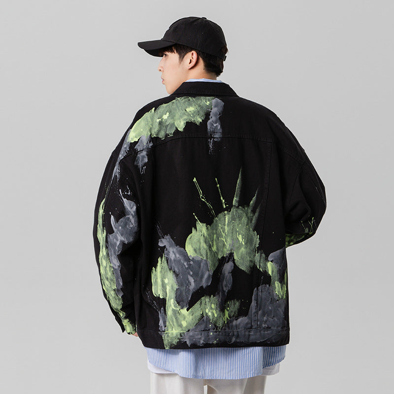 Denim Varsity Jacket Fall Winter Cowboy Coat Men's Handsome Loose Graffiti Casual Jacket