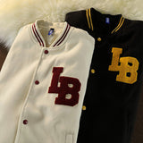 Beige Varsity Jacket Autumn Baseball Uniform Cardigan Button Jacket Cotton Jacket Women Embroidered Letters