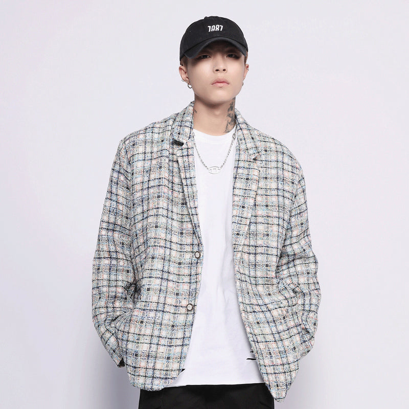 Men's Casual Suit Man Blzer Plaid Blazer Men's Loose Lapels Jacket Casual Small Suit