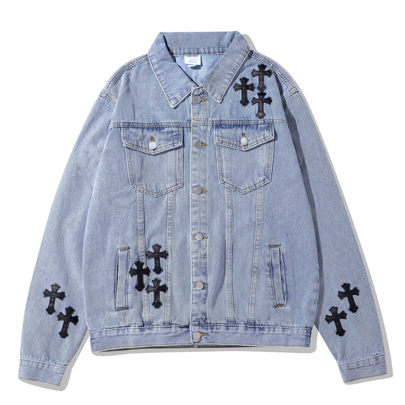 Men Denim Coat Jean Jackets Cross Patch Washed Denim Jacket Men Loose Lapels Jacket Denim Coat