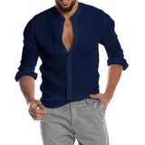 Sweat Wicking Shirt Autumn and Winter V-neck Linen Cardigan Stand Collar Long Sleeve Men's Shirt