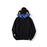 Shark Print Jacket Autumn And Winter Solid Color Blue Pink Double Hood Sweater Men And Women Zipper Fleece Padded Coat