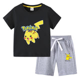 Children Pokemon Pikachu Hoodie T-shirt Shorts Two-Piece Suit Cotton