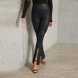Brown Leather Pants Sexy Bell-Bottom Pants Women's Leggings High Waist Pu Pants