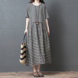 Gingham Dress Summer Artistic Loose Plaid Cotton and Linen Mid-Length round Neck Short Sleeve Dress