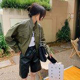 Cute Leather Jacket Green Stand Collar Retro PU Leather Coat Women's Spring and Autumn