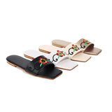 Flat Dress Sandals Low Heel Embroidered Flower Cutout Square Toe Sandals