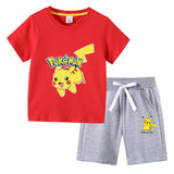 Children Pokemon Pikachu Hoodie T-shirt Shorts Two-Piece Suit Cotton