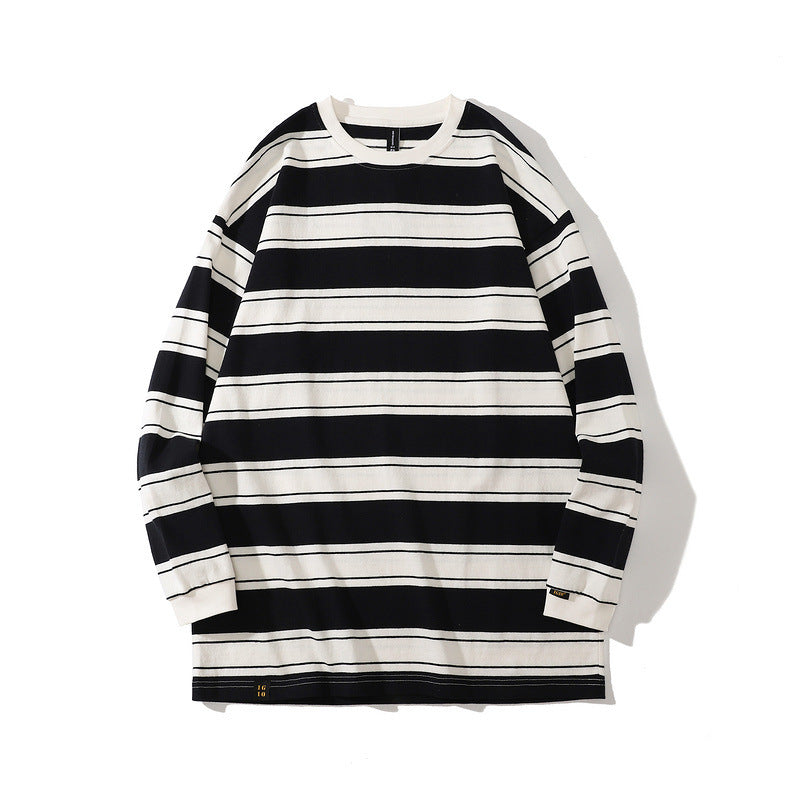 Mens Fall Outfits Retro Loose-Fitting Striped Long Sleeves T-shirt round Neck Bottoming Shirt Men Street Couple